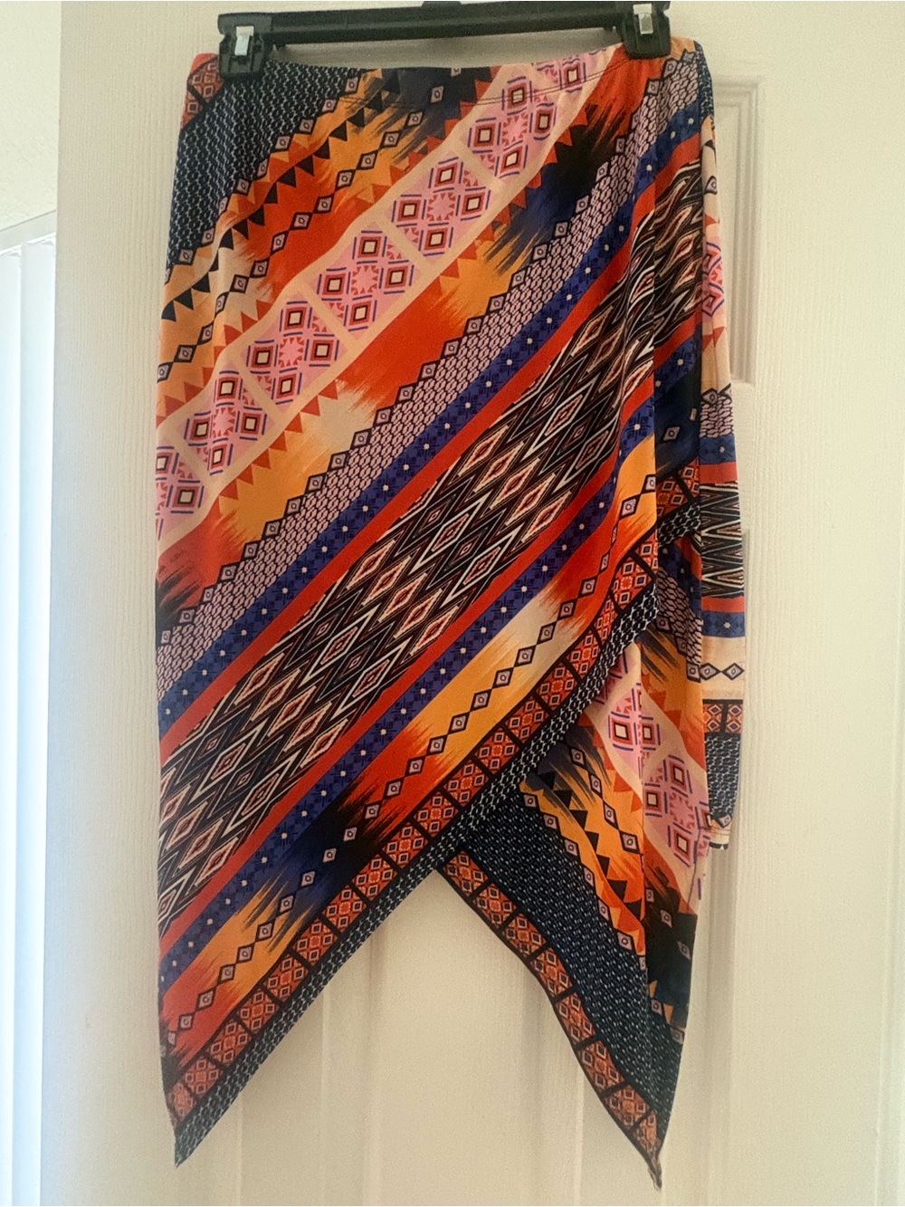 VENUS Geometric Print Wrap Skirt in Orange, Navy & Blue